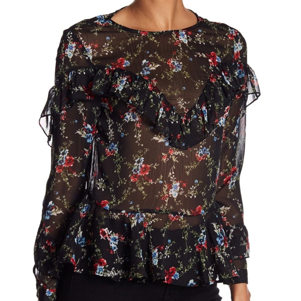 NWT LEA & VIOLA Ruffle Floral Print Blouse
